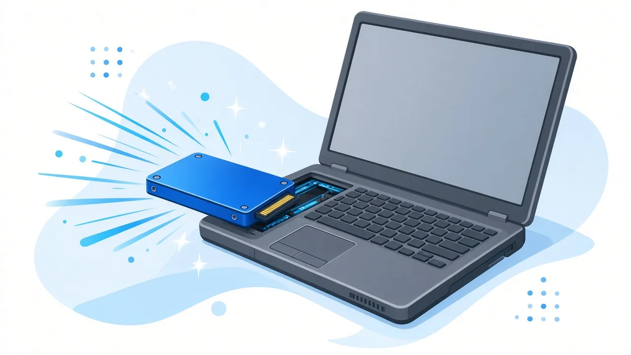 SSD-disk ved siden av åpen bærbar PC – SSD-oppgradering i Arendal