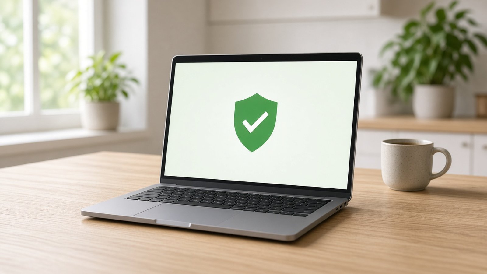 Bærbar PC på et kjøkkenbord med et grønt skjoldsymbol på skjermen, som illustrerer en virussjekk
